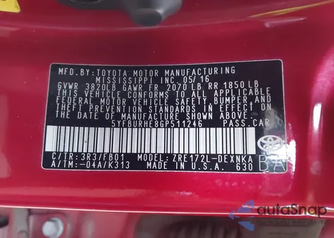 2016 Toyota Corolla Le z USA, uszkodzony, nr VIN 5YFBURHE8GP511246